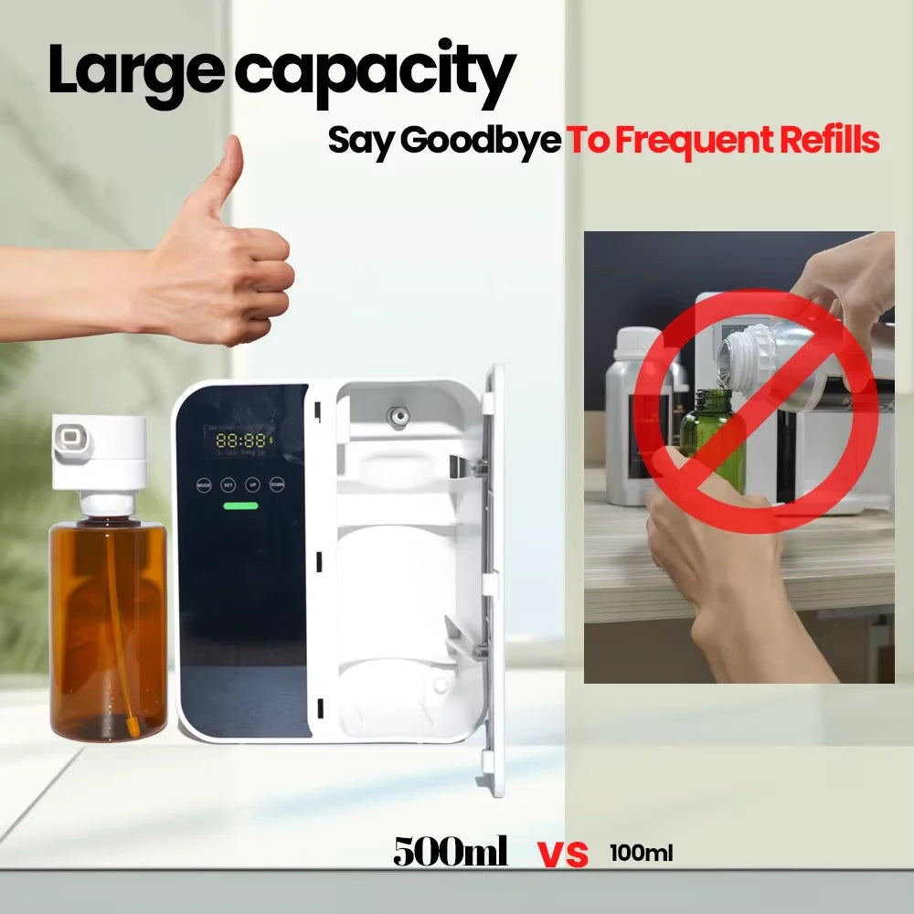 Large capacity refill system with a bottle and dispenser, emphasizing no frequent refills.