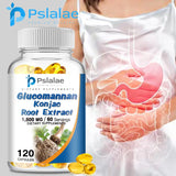 Pslalae Glucomannan Konjac Root Extract supplement bottle with a diagram of a stomach.