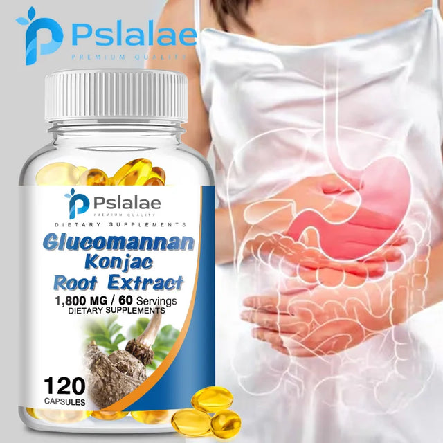 Pslalae Glucomannan Konjac Root Extract supplement bottle with a diagram of a stomach.