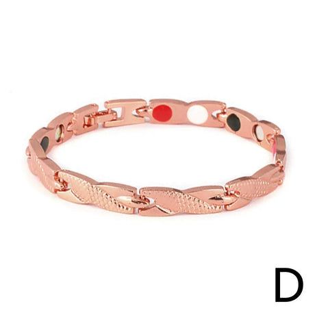 Rose gold bracelet with colored stones on a white background