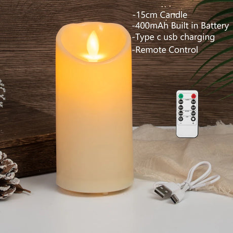 Flameless candle with battery, USB charging cable, and remote control on a wooden background.
