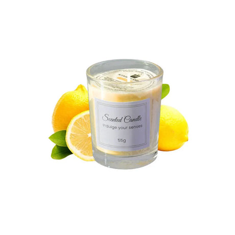 Scented candle with lemon slices and leaves on a white background