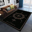 Black rug with 'Wheel of Fortune' design in a living room setting