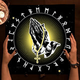 Praying hands with a rosary and a circular design with runes on a dark background.