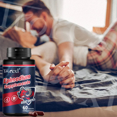 Trorexl Epimedium Supplements bottle with a blurred background of a person lying on a bed.