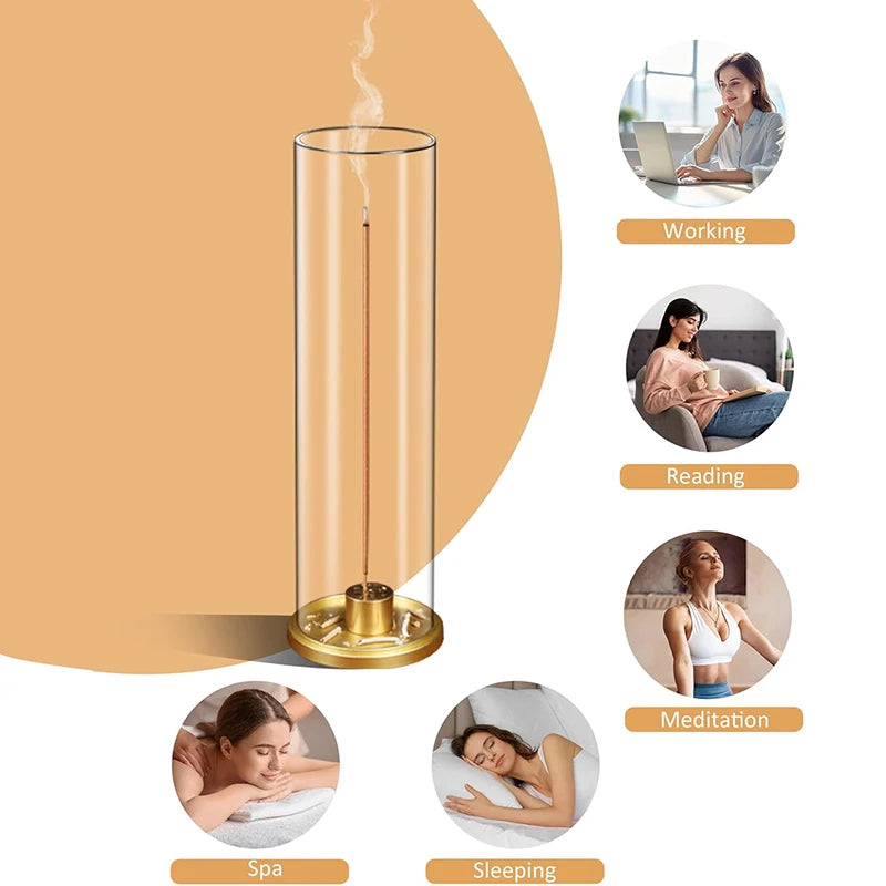 Glass diffuser with a gold base on an orange background, surrounded by lifestyle images of people in different activities.