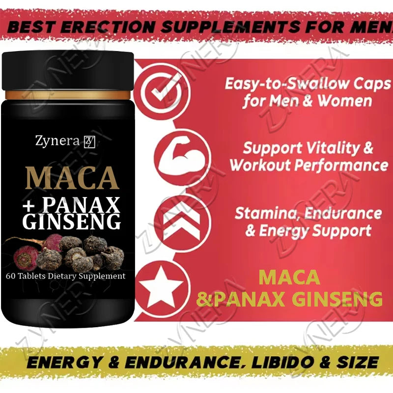 Supplement bottle labeled 'Maca + Panax Ginseng' with promotional text on a red background