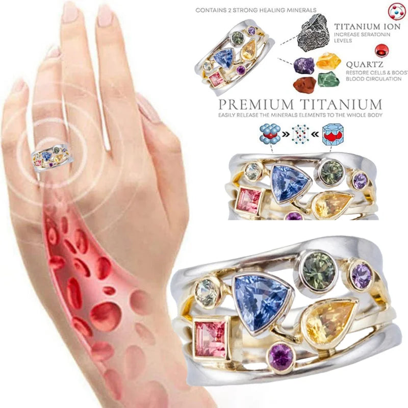 Colorful gemstone rings on a hand with healing mineral graphics and text.