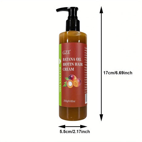 Bottle of GZE Banana Oil Biotin Hair Cream with dimensions labeled on a white background