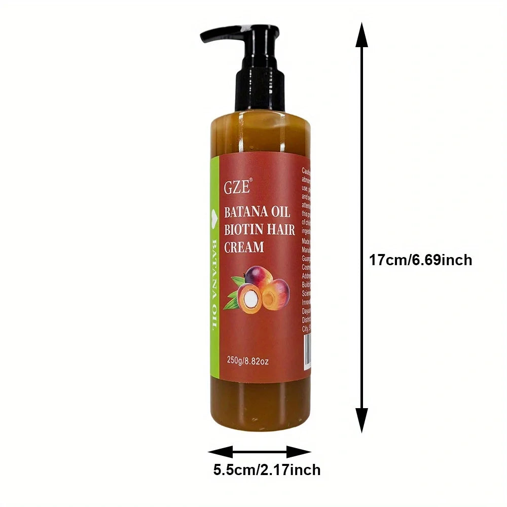 Bottle of GZE Banana Oil Biotin Hair Cream with dimensions labeled on a white background