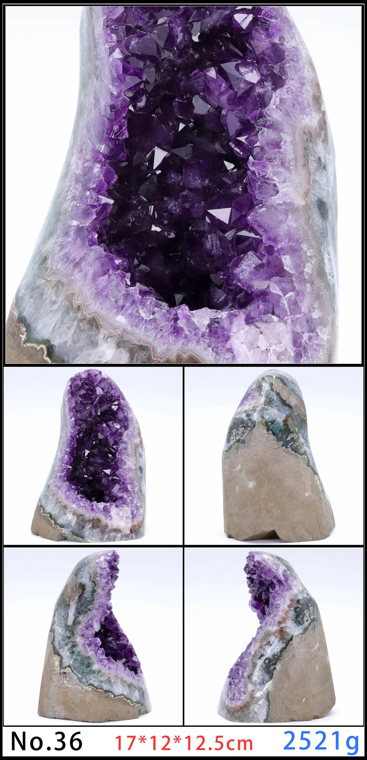 Amethyst geode with multiple views on a white background