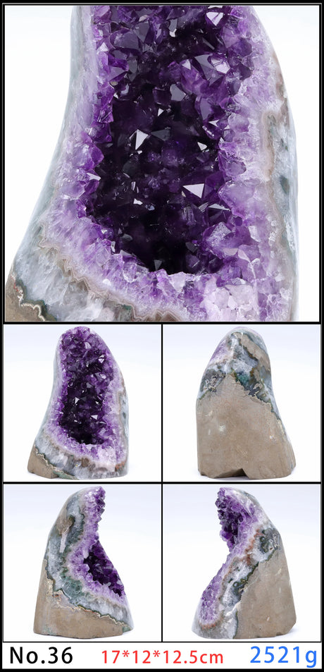 Amethyst geode with multiple views on a white background