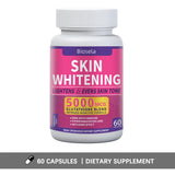Bottle of Biosela Skin Whitening supplement with pink label on a white background