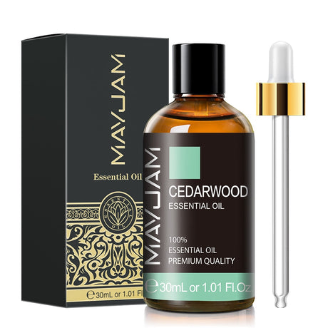 MayJam Cedarwood essential oil bottle with dropper and packaging on a white background