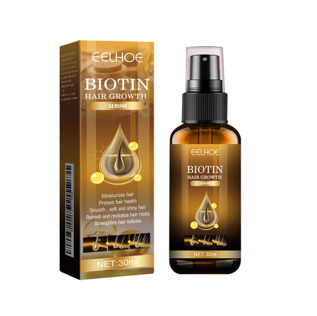 Biotin hair growth serum packaging with bottle on a white background