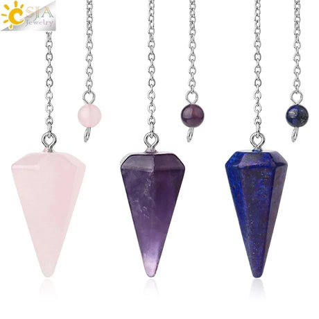 Three crystal pendulums on chains with pink, purple, and blue stones against a white background.