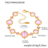 Gold bracelet with pink gemstones and measurements on a white background