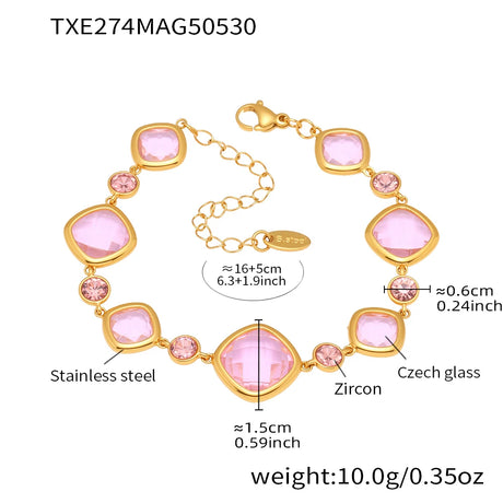 Gold bracelet with pink gemstones and measurements on a white background