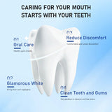 Teeth model with oral care benefits text on a blue background