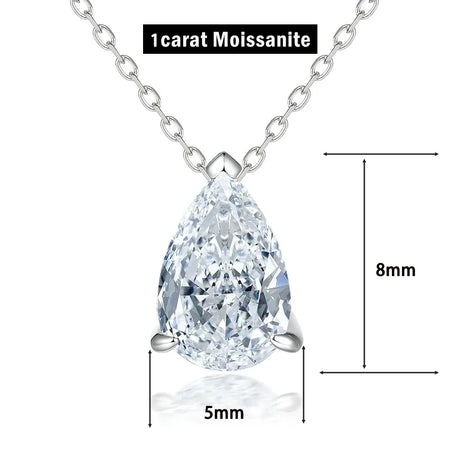 Teardrop-shaped moissanite pendant on a chain with measurements on a white background