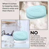 Teal soap bar with branding on a white background, surrounded by text about product features.