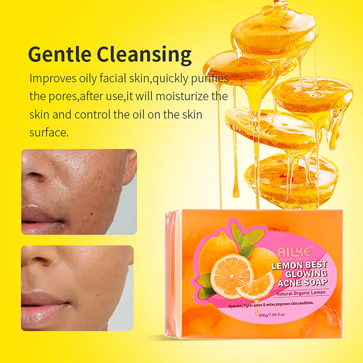 Lemon soap bar with packaging and benefits on a yellow background