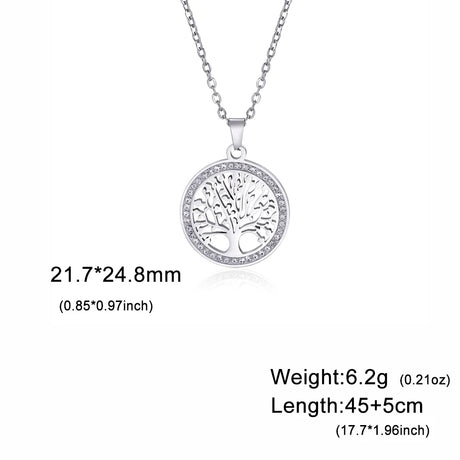 Silver tree of life necklace with measurements on a white background