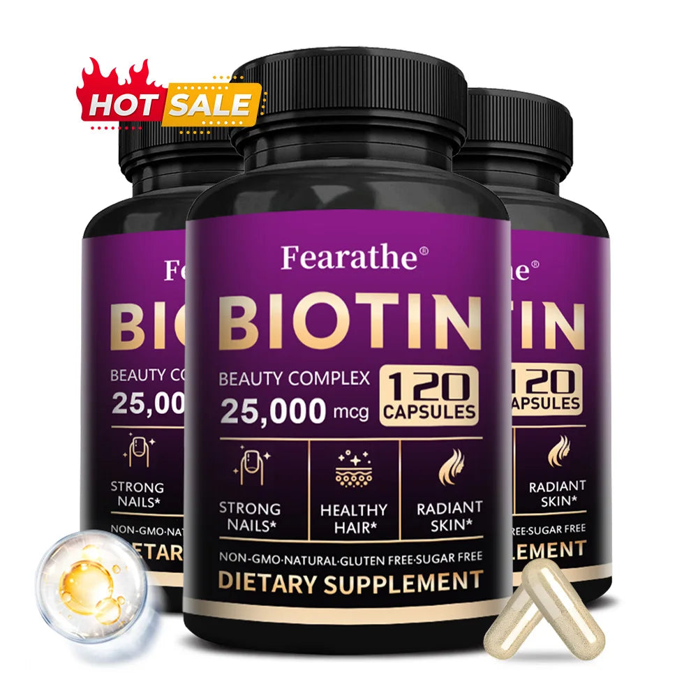 Three bottles of Fearathe Biotin supplement with a purple label on a white background.