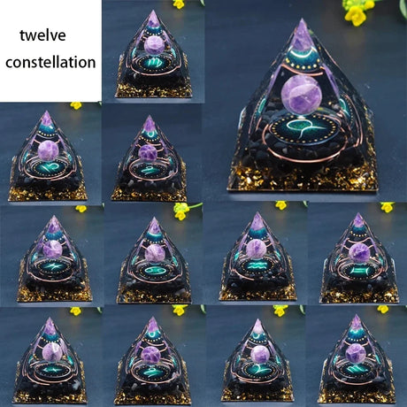 Decorative pyramid with a glowing purple sphere on a dark background