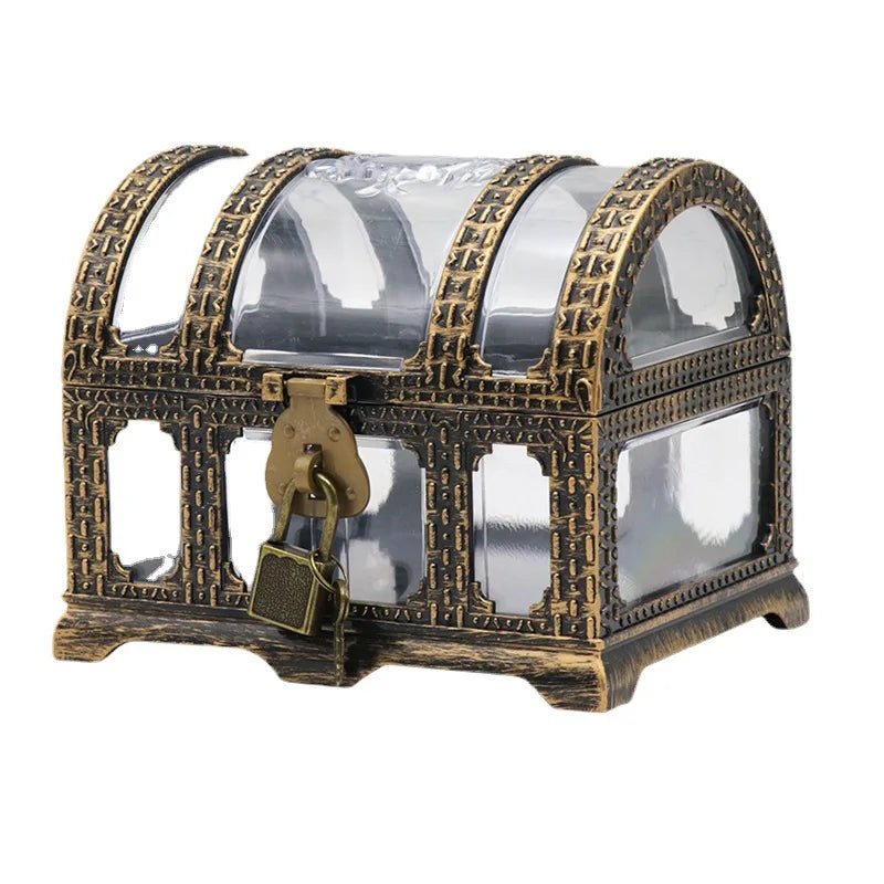 Decorative jewelry box with glass panels and a lock on a white background