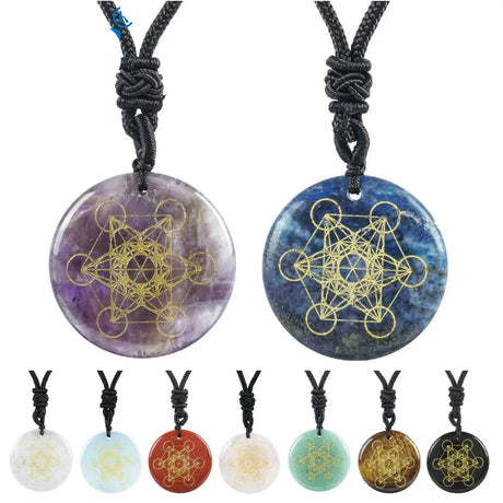 Set of stone pendants with geometric designs on black cords, featuring the brand 'VGDS'.