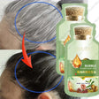 Comparison of gray hair with a green hair dye product label.