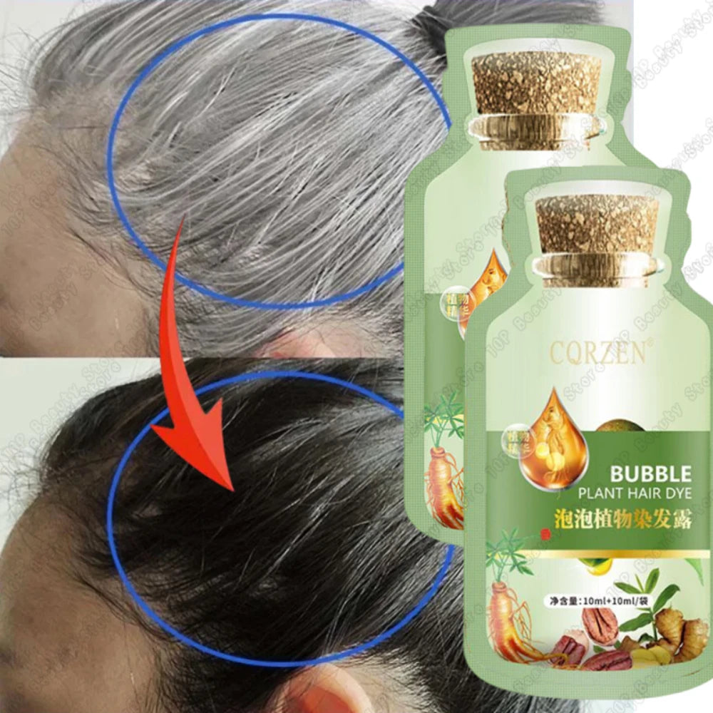 Comparison of gray hair with a green hair dye product label.
