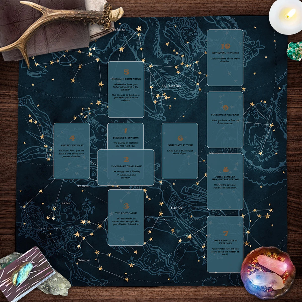 Set of tarot cards on a star map with decorative items around