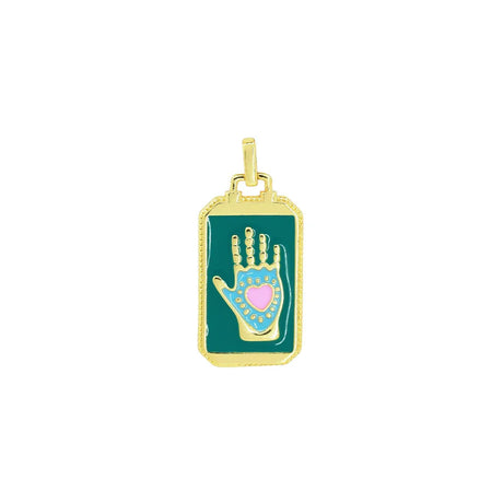 Gold pendant with a green background and a hand design featuring a pink heart, on a white background.