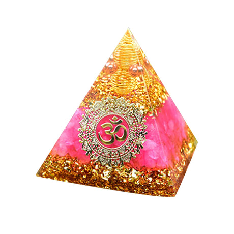 Pyramid-shaped object with Om symbol on a white background