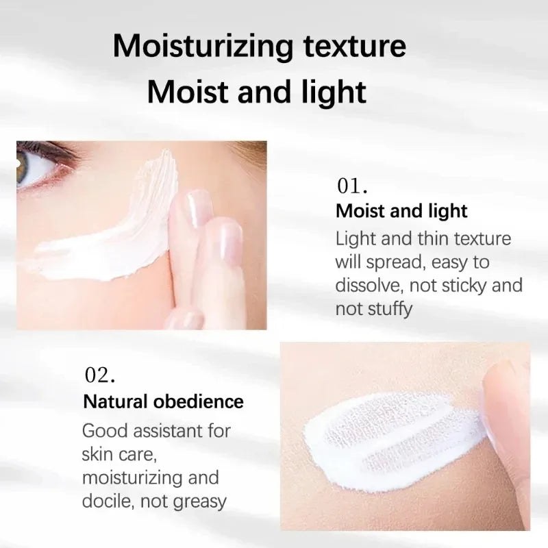 Product description with text about moisturizing texture and application on skin.