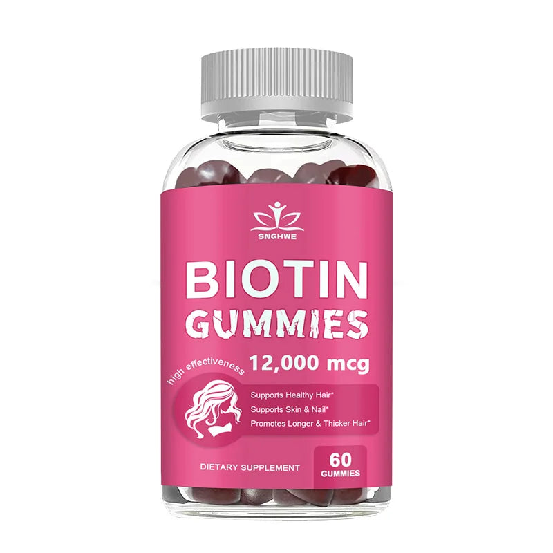 Bottle of biotin gummies with a pink label on a white background