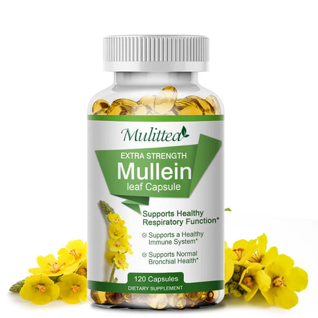 Bottle of Mulletea Extra Strength Mullein leaf capsules with yellow flowers on a white background