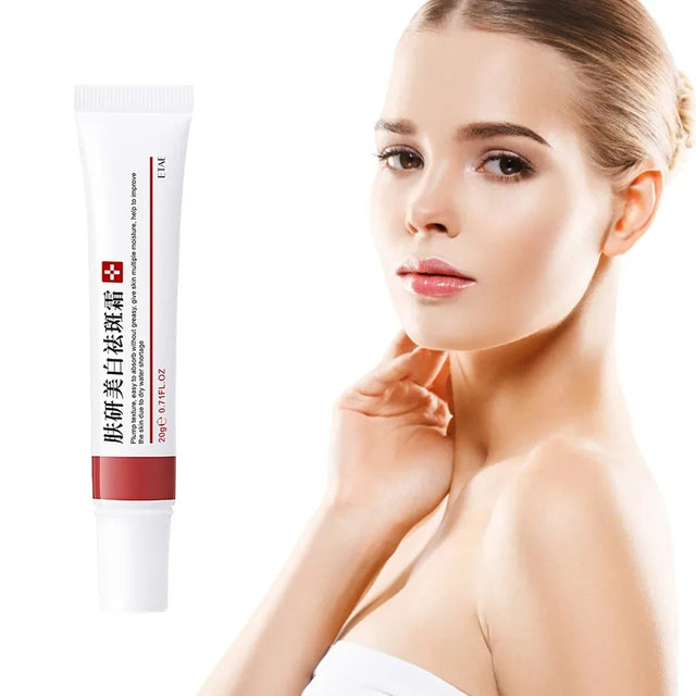 Woman with a tube of skincare product on a white background