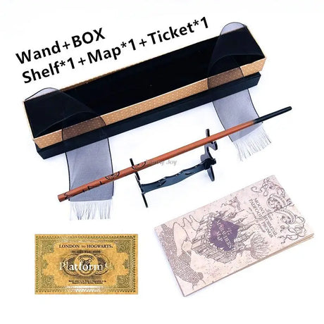 Harry Potter-themed wand, box, shelf, map, and ticket on a white background