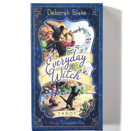 Tarot card box with 'Everyday Witch' branding and a witch illustration on a blue background.