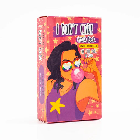 Card game box titled 'I Don't Care' with a colorful design featuring a person blowing a bubble.