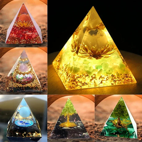 Collage of pyramid-shaped crystal objects with various internal designs and colors.