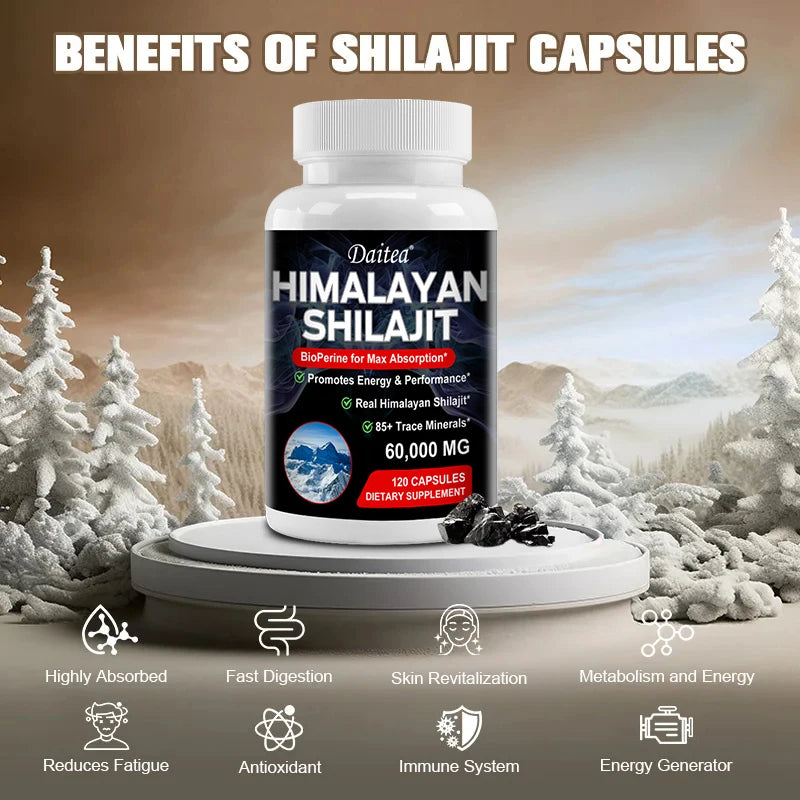 Bottle of Himalayan Shilajit capsules with mountain landscape background