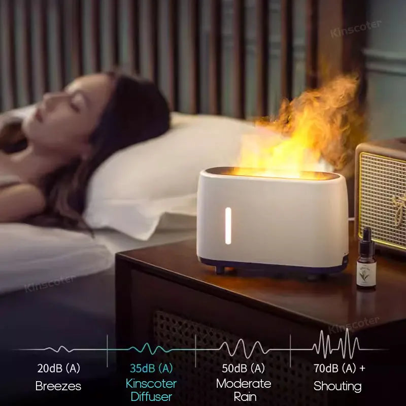 Diffuser on a nightstand with a woman lying in bed, emitting mist.