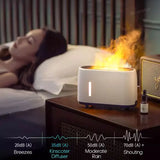 Diffuser on a nightstand with a woman lying in bed, emitting mist.