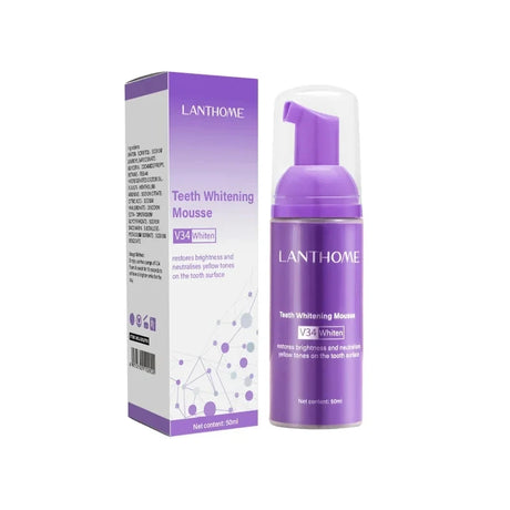 Lanthome teeth whitening mousse with packaging on a white background