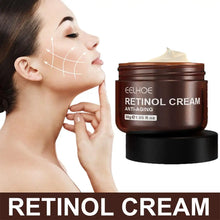 Woman applying retinol cream with a jar of EELHOE Retinol Cream on a white background
