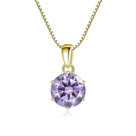 Purple gemstone pendant on a gold chain against a white background